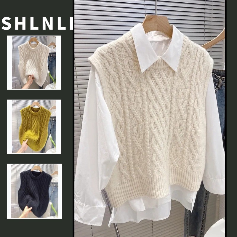 ฤดูใบไม้ร่วงฤดูหนาวผู้หญิงสไตล์เกาหลีมินิมอลแขนกุดคอกลมเสื้อสวมหัวถักเสื้อกั๊ก