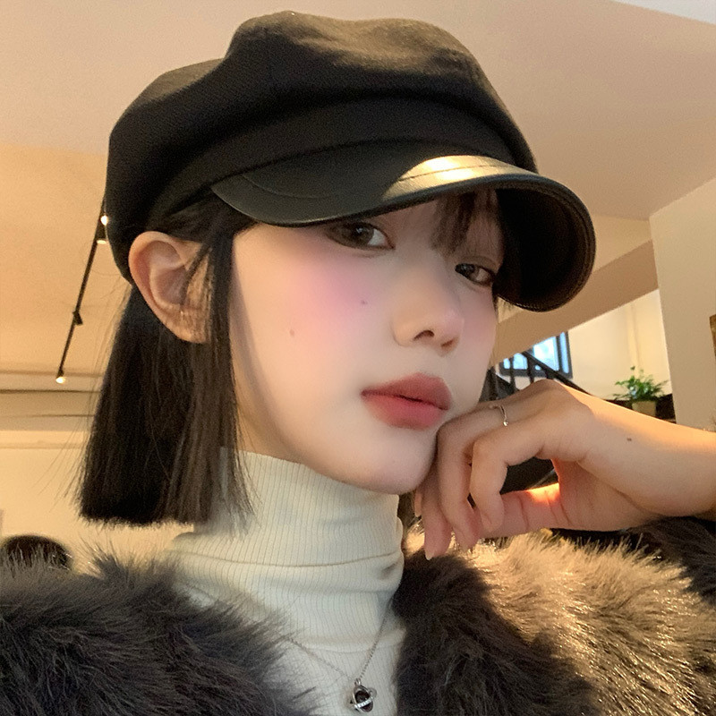 สีดํา Beret หญิงฤดูใบไม้ร่วงฤดูหนาวเกาหลีรุ่นแสดงใบหน้าขนาดเล็ก Peak Beret จิตรกรหมวกเส้นรอบวงหัวใหญ่ Newsboy หมวก Octagon