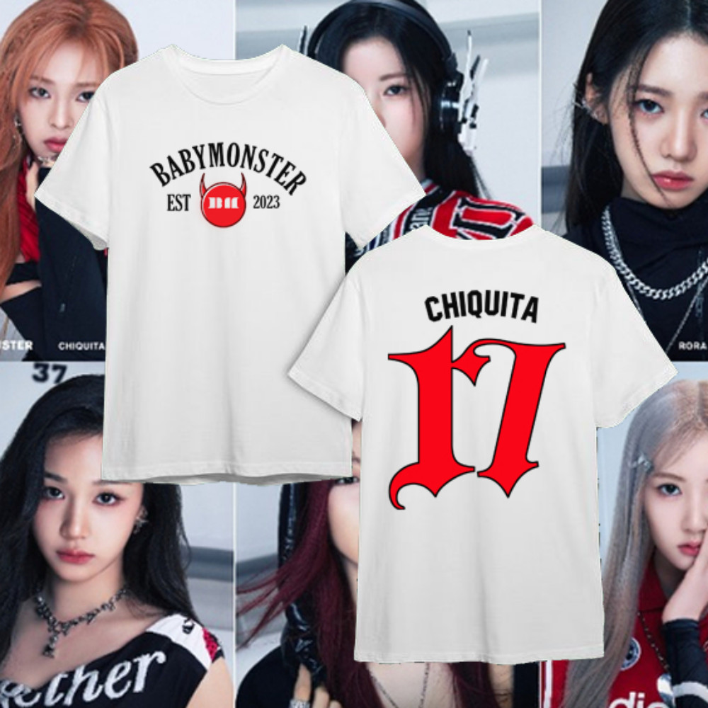 เสื้อยืด BabyMonster Ruka Pharita Asa Ahyeon Rami Rora Chiquita Print Tee ผ้าฝ้าย 100% เสื้อยืด BabyMonster Merch