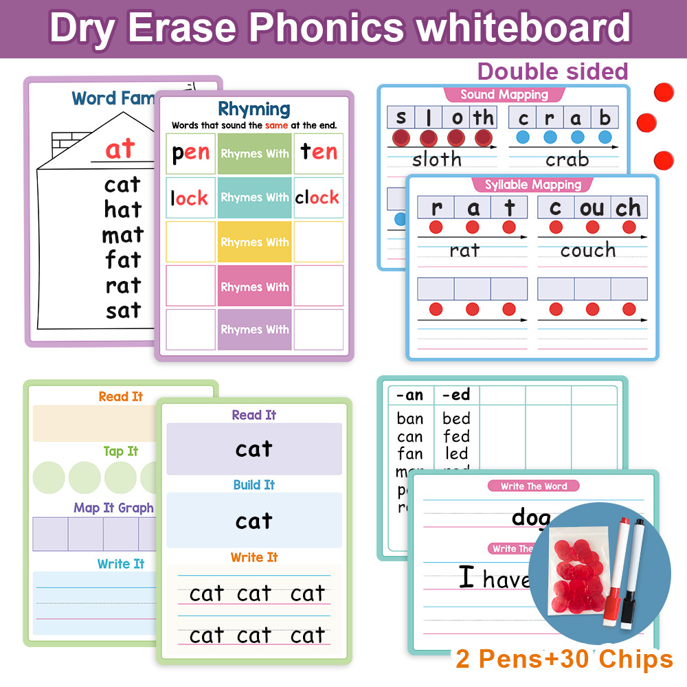 4Pcs Dry Erase CVC Phonics Whiteboard for Kids Word Family English Words Educational Board Chart Teaching Aids