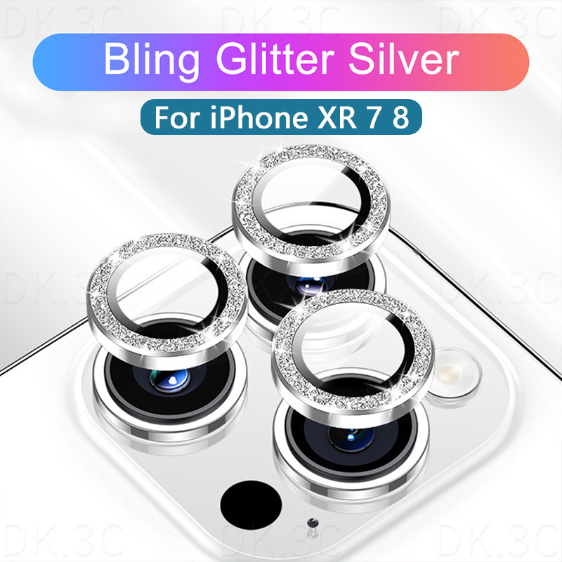 สําหรับ iPhone XR 7 8 Bling Glitter Diamonds กล้องเลนส์ป้องกันแหวนโลหะกระจกนิรภัยสําหรับ iPhone 7 8