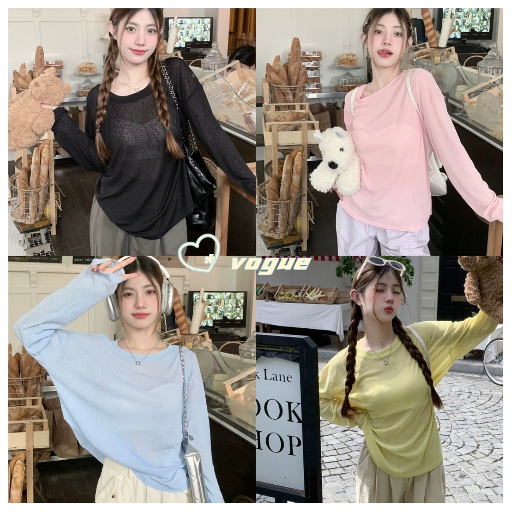 Vogue พร้อมส่ง เสื้อถักไหมพรมแขนยาว คอกลม ดีเทลซีทรู บางเบา (V079)
