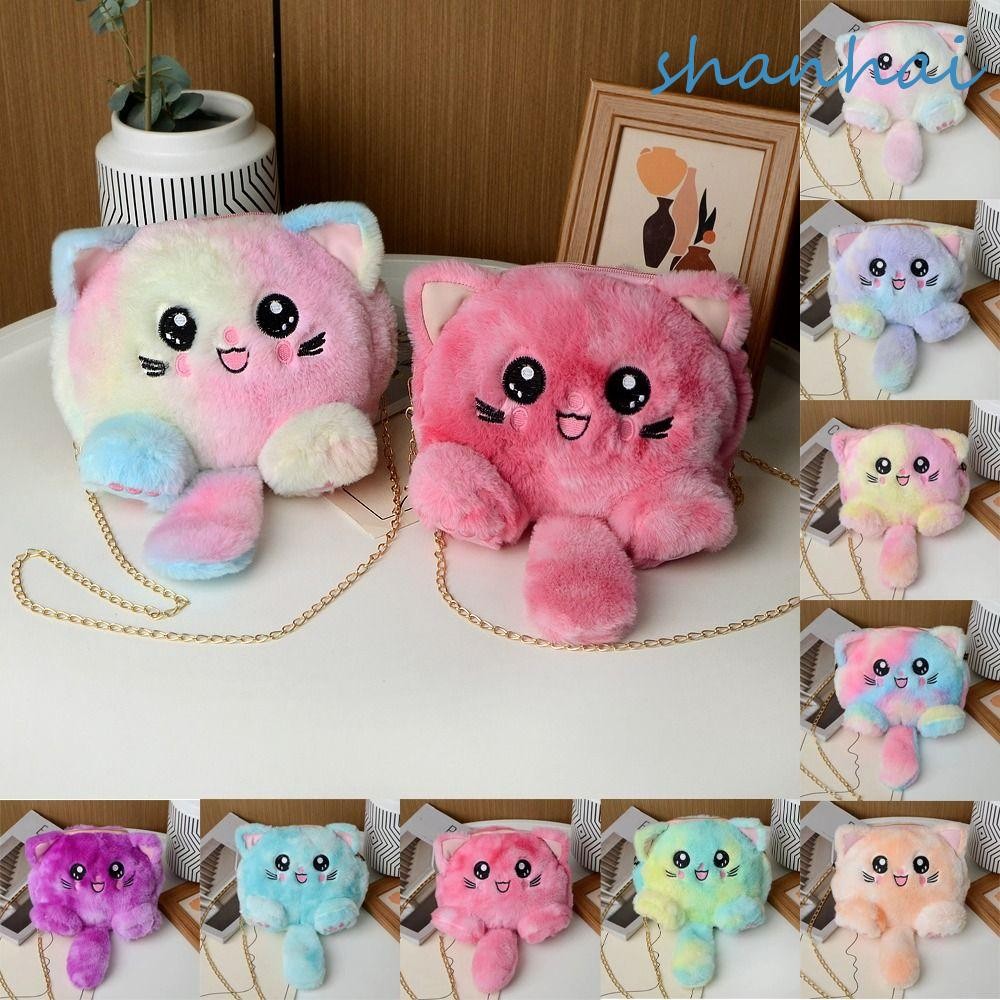 Shanhai กระเป๋าสะพายไหล่ สะพายข้าง แต่งขนเฟอร์เทียม ลายการ์ตูนแมวน่ารัก สีรุ้ง พร้อมสายโซ่คล้อง สําหรับกลางแจ้ง