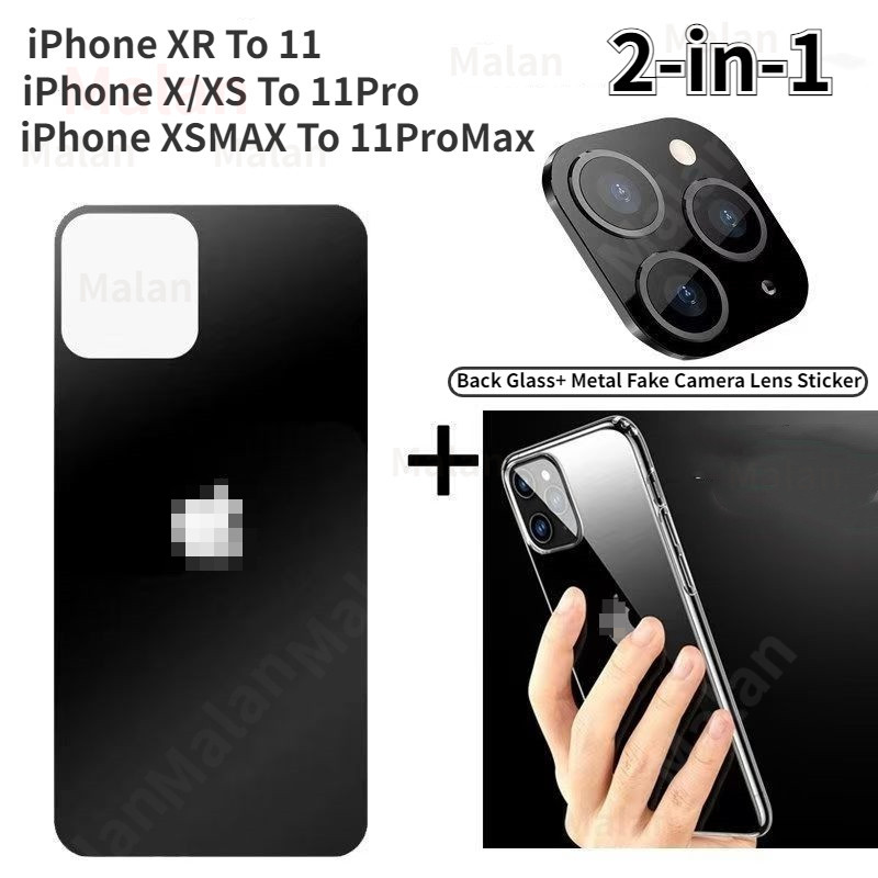 2-in-1 Back Glass Film Protector สําหรับ IPhone X XS Max XR 11 วินาทีเปลี่ยน 11 Pro Max 11 Pro โลหะปลอมสติกเกอร์เลนส์ดัดแปลงฝาครอบกล้อง