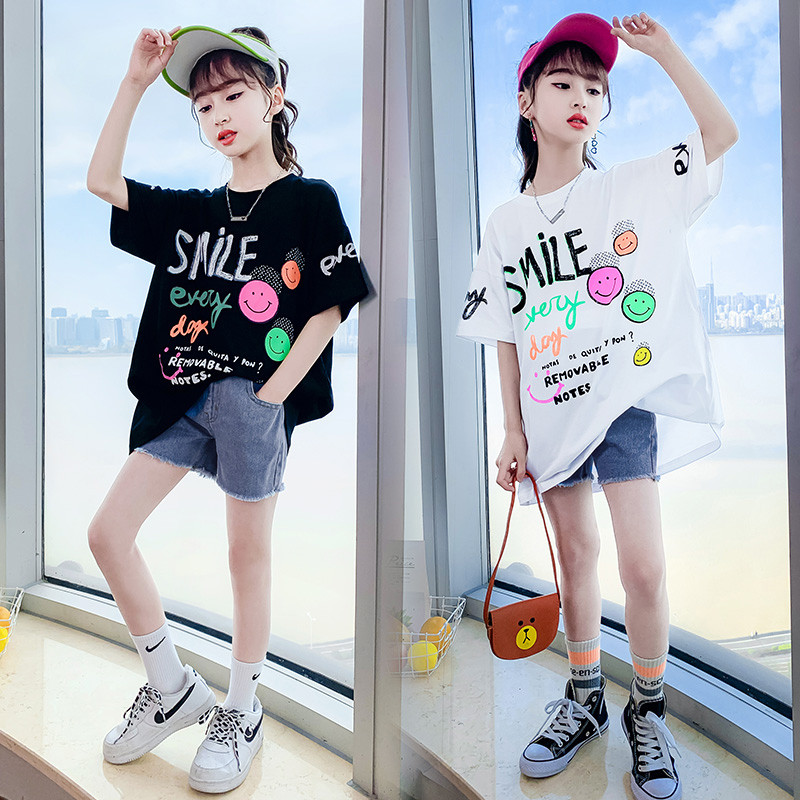 แขนสั้นสาวๆ เสื้อยืดผ้าฝ้ายสไตล์เกาหลี เสื้อของสาวน้อย ความยาวปานกลางหลวม