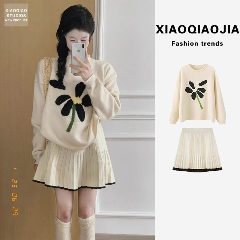 สูทผู้หญิงวิทยาลัยสไตล์นมเสื้อกันหนาว+กระโปรงสูทสองชิ้น