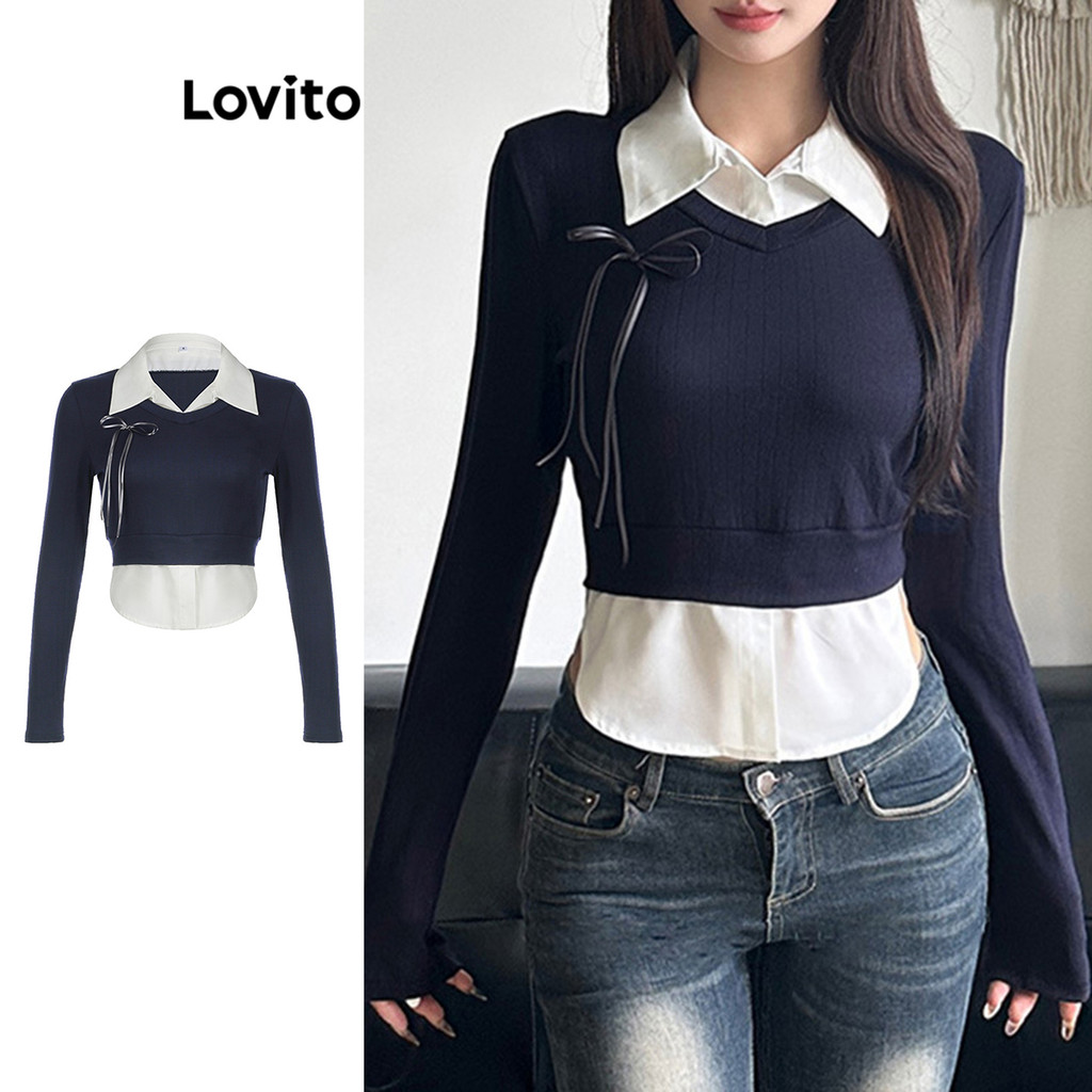 Lovito เสื้อเบลาส์ 2 In 1 สำหรับผู้หญิง ลำลองสีพื้นFake LNA79133