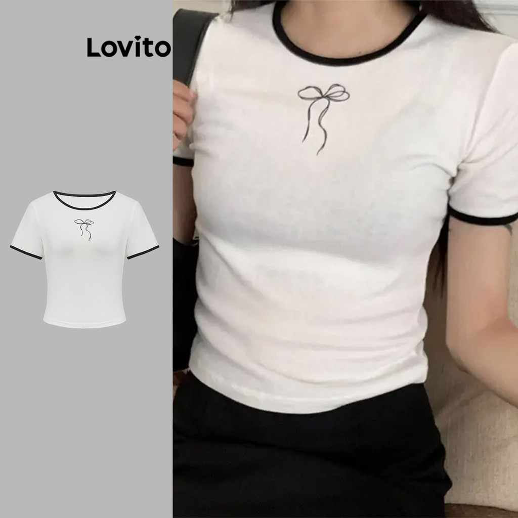 Lovito เสื้อยืดการ์ตูนลำลองคอนทราสต์ผูกสำหรับผู้หญิง L99ED658