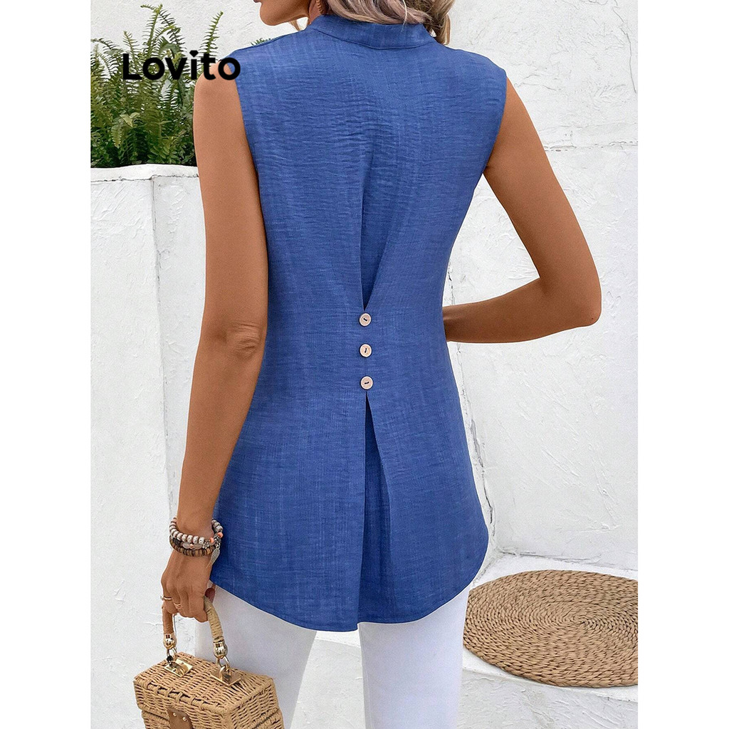 Lovito เสื้อเบลาส์ผู้หญิง แต่งกระดุมหลัง สีพื้น สไตล์ลำลอง LBL14605