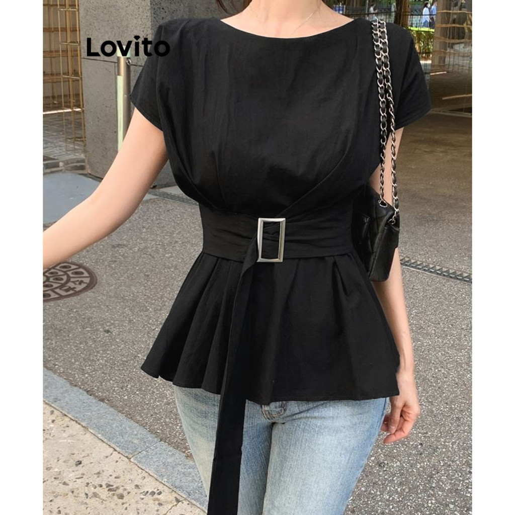 Lovito เสื้อเบลาส์เข็มขัดธรรมดาสวยหรูสำหรับผู้หญิง L95ED140