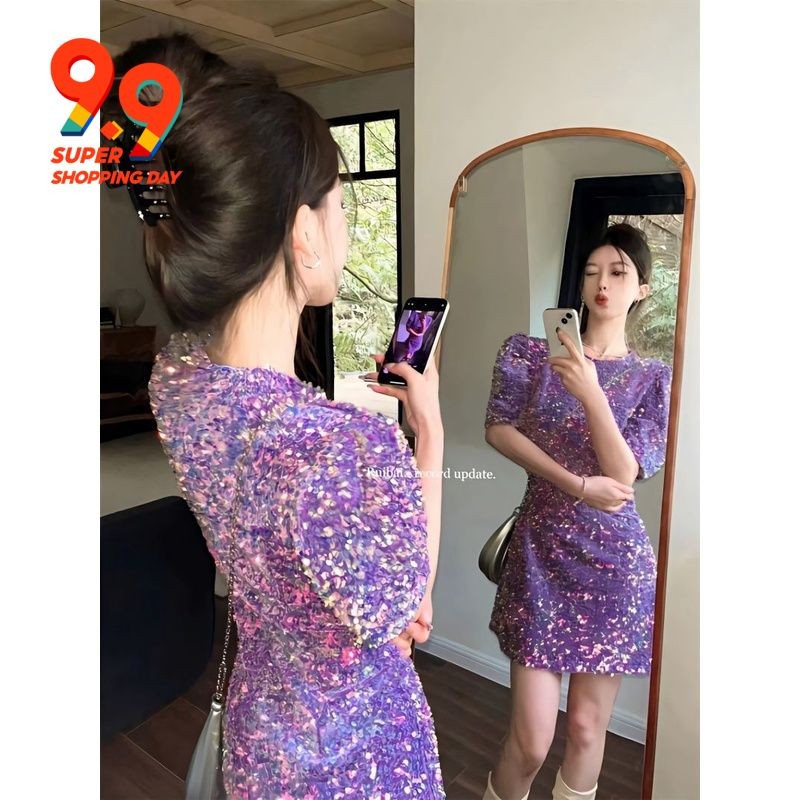 Ready Stock ชุดเดรส คอกลม แขนพัฟ สีม่วง หรูหรา แวววาว หรูหรา สําหรับเด็กผู้หญิง ใส่ไปงานวันเกิด