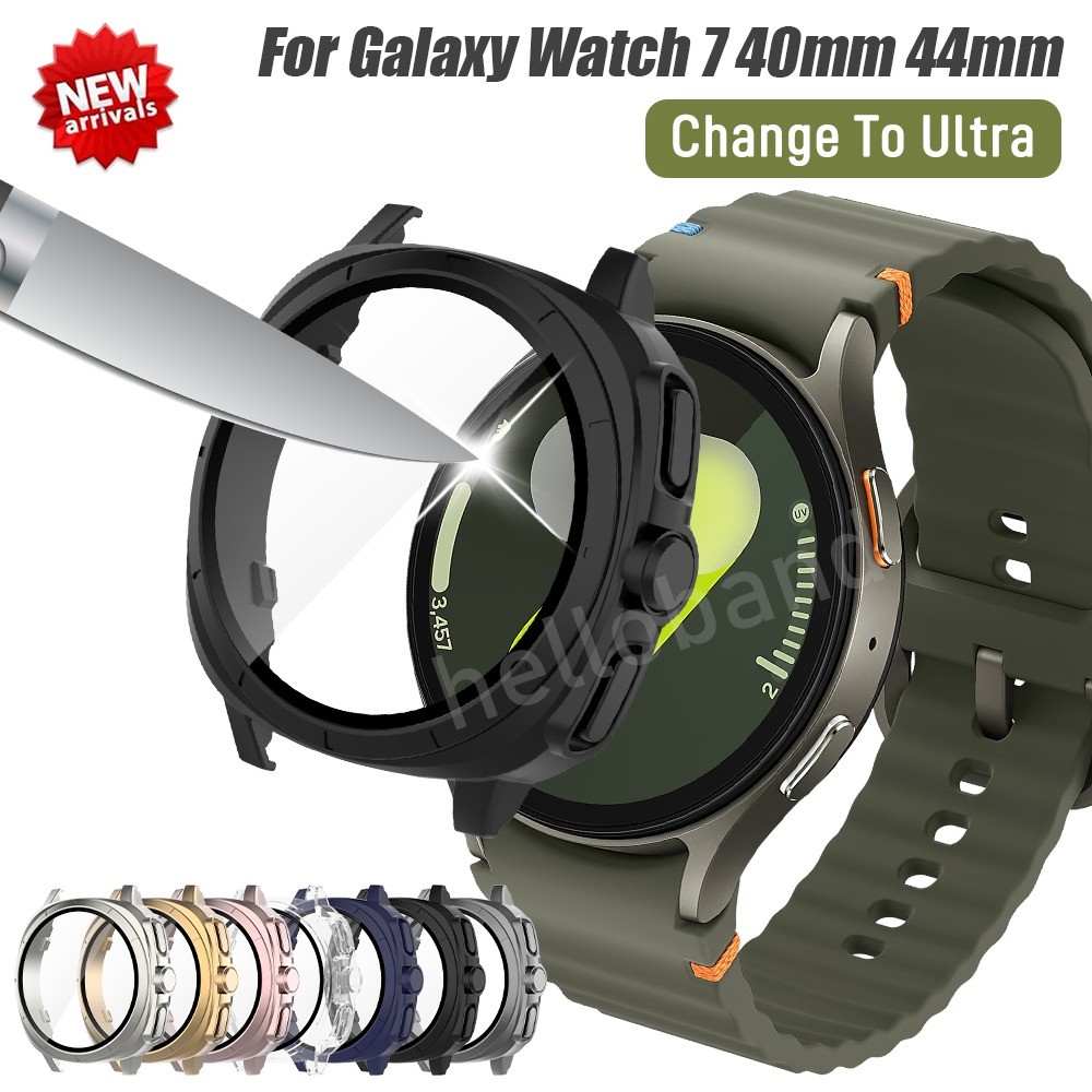 กระจกนิรภัย+เคสสําหรับ Samsung Galaxy Watch 7 44 มม. 40 มม. [เปลี่ยนเป็นอัพเกรด Ultra 47 มม.] ฝาครอบป้องกันหน้าจอรอบด้าน