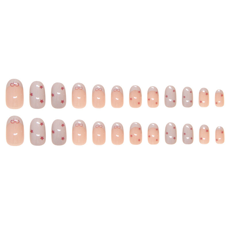 (พร้อมกล่อง) สีแดงรูปดาวห้าแฉกและโบว์แบบสไตล์ฝรั่งเศสเล็บปลอมรูปไข่เล็บปลอม 24 ชิ้น/กล่อง R876 - รูปที่ 4