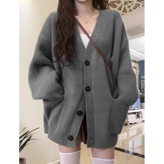 เสื้อกันหนาวผู้หญิงถักเสื้อสเวตเตอร์ถักคอวีด้านบนหลวมธรรมดาห…