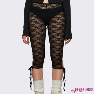Demonlores- ผู้หญิงลูกไม้ Capri กางเกง Casual Bandage Cutout กางเกงขาสั้นยืดหยุ่นซีทรู