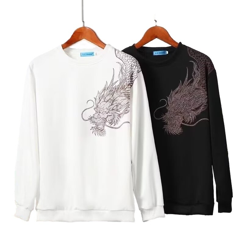 Gilded Dragon เสื้อยืดแขนยาวผู้ชายสไตล์ใหม่ฤดูใบไม้ร่วงรอบคอด้านบน