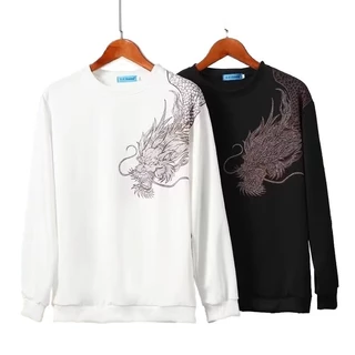 Gilded Dragon เสื้อยืดแขนยาวผู้ชายสไตล์ใหม่ฤดูใบไม้ร่วงรอบคอด้านบน