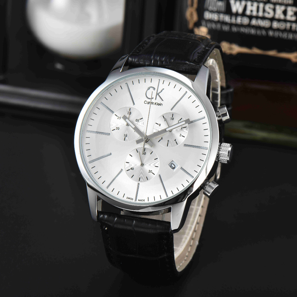 Ck/calvin klein CK Quartz Series นาฬิกาข้อมือ Quartz Movement สายหนังแท้ Silver Dial แฟชั่น Casual น