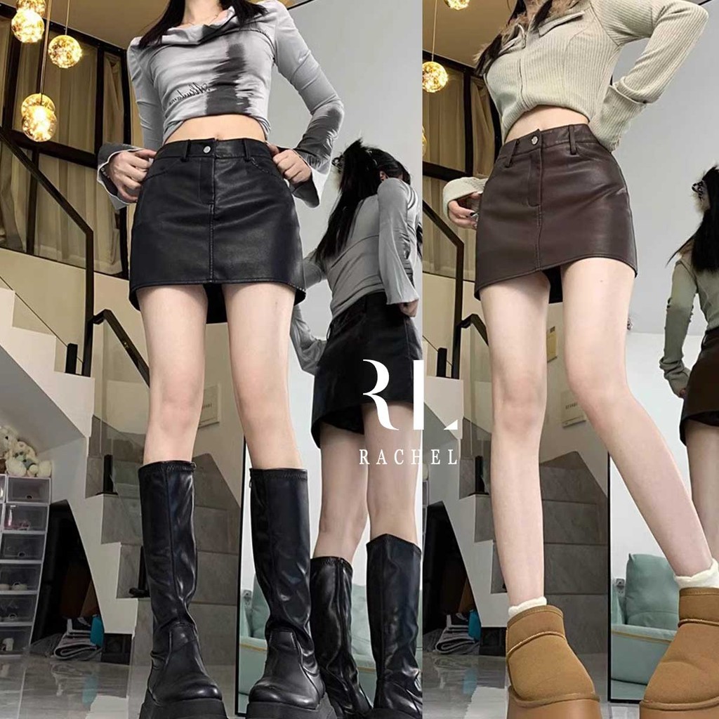 กระโปรงหนัง PU สั้น เอวสูง สไตล์ A-line สำหรับฤดูหนาว ใหม่ล่าสุด