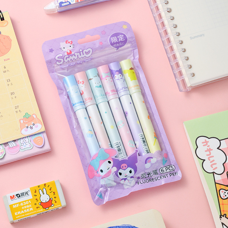 พร้อมส่ง Sanrio ปากกามาร์กเกอร์ไฮไลท์ ลายการ์ตูน 6 สี เครื่องเขียน สําหรับนักเรียน