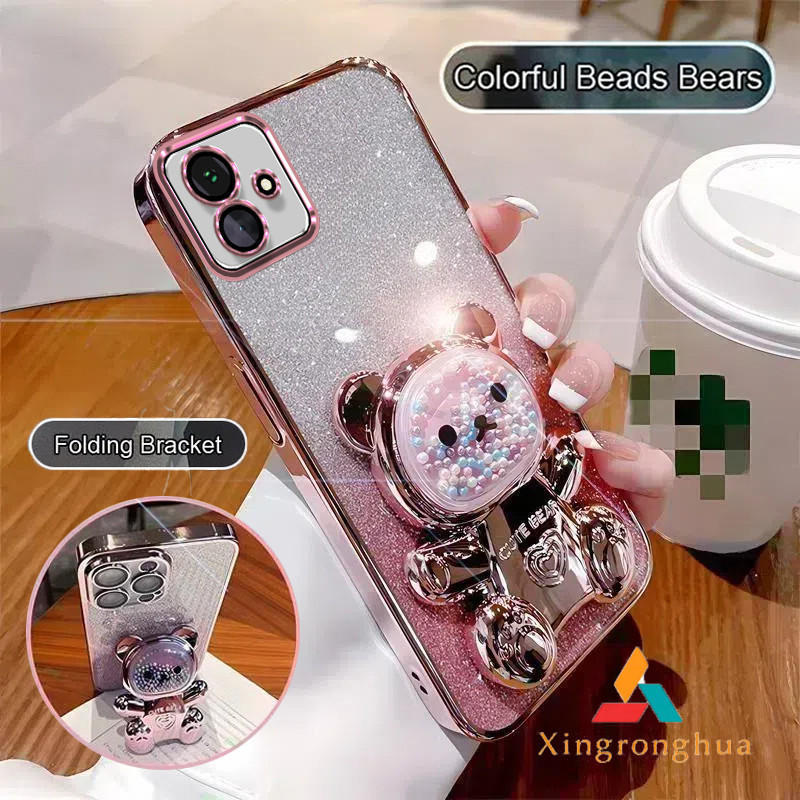 SAMSUNG ปลอกsamsung A06 A05 A04 A03 A03S A02Sเคสโทรศัพท์TPU 3Dที่มีสีสันลูกปัดหมีขาตั้งสเตอริโอซิลิโคนยืดหยุ่นหรูหราElectroplated soft case