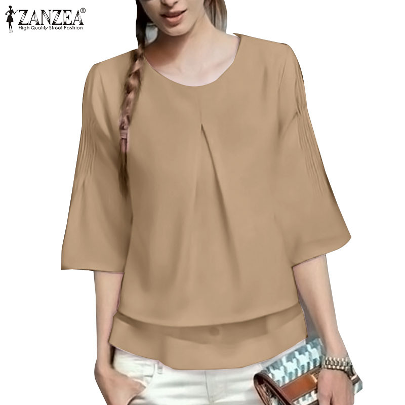 Zanzea เสื้อเบลาส์ผ้าเย็บปะติดปะต่อกันแฟชั่นสตรีคอกลม 3/4 แขน