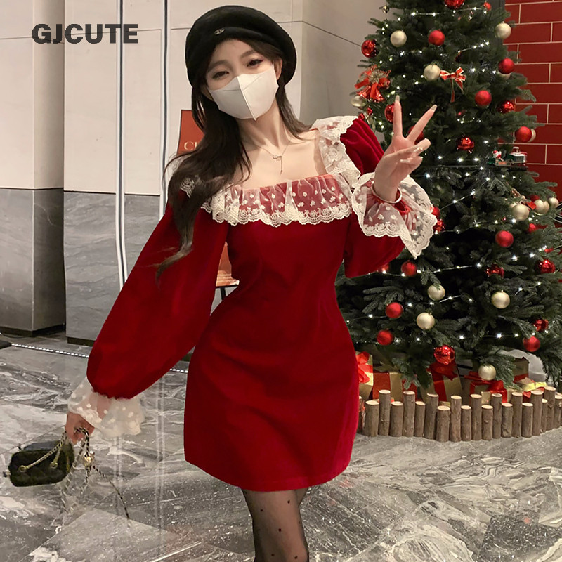 Gjcute ชุดคริสต์มาสฤดูใบไม้ร่วงฤดูหนาวกํามะหยี่สีแดงลูกไม้ Patchwork เทศกาลชุดสั้น WTD