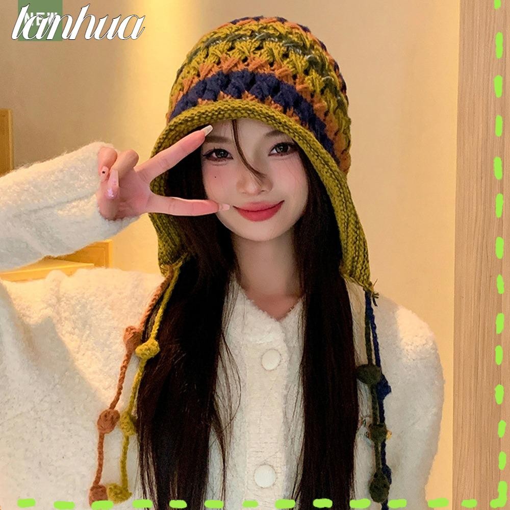 Lanhua หมวกขนสัตว์ถักที่มีสีสัน,หมวกป้องกันหู,แฟชั่นหมวกถัก