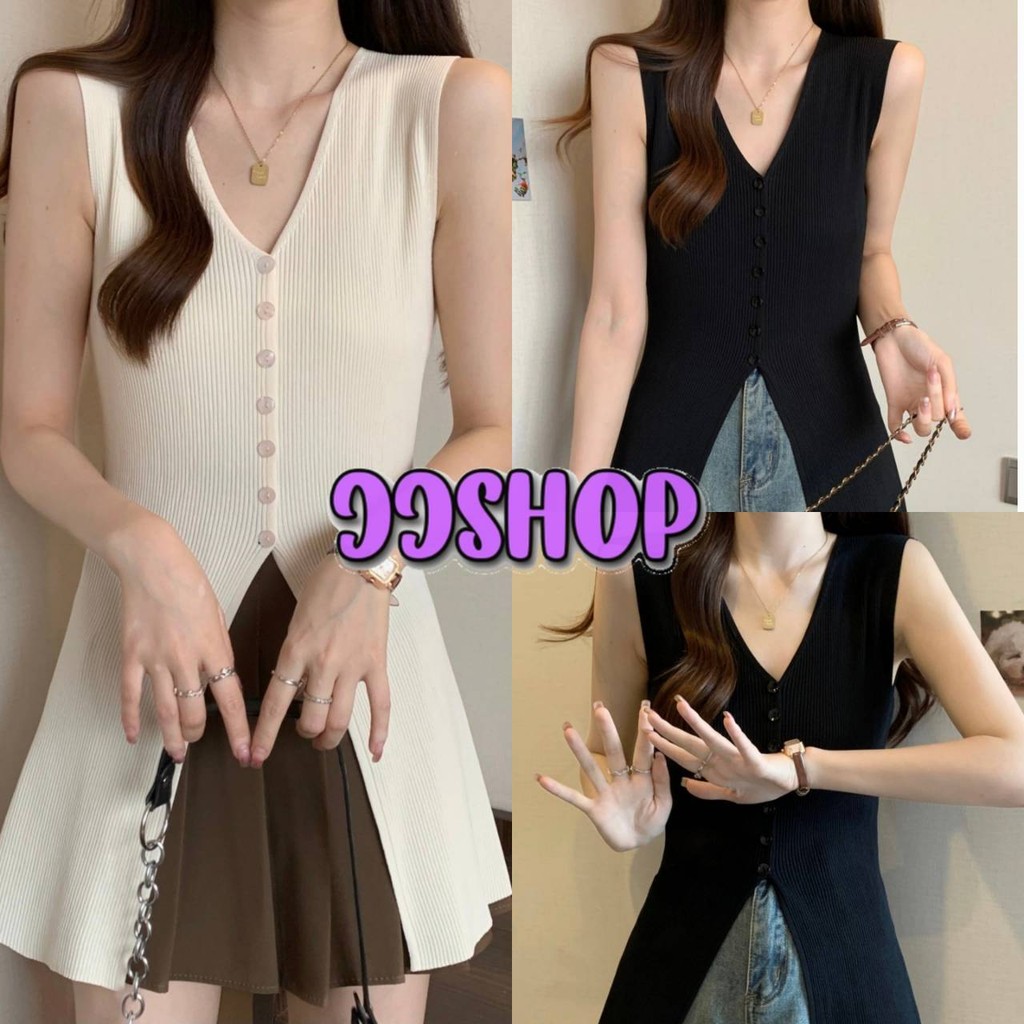 JJ Shop​ ​พร้อมส่ง เสื้อกล้ามไหมพรม คอวี น่ารักคิคุ ผ้าร่องเล็กใส่ง่าย "41091"