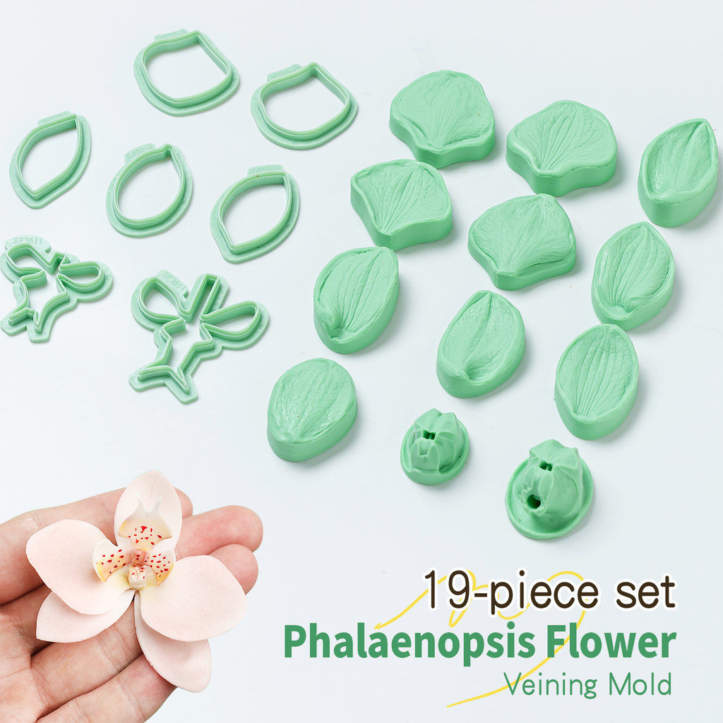 19pcs ผีเสื้อ Orchid ดอกไม้ Fondant Mould ชุดกลีบ,ดอกไม้ Stamen หลอดเลือดดําซิลิโคน Mould พร้อมเครื่องตัดพลาสติก DIY Clay,Fondant มือหัตถกรรมสําหรับตกแต่งเค้ก