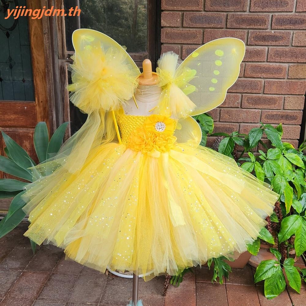 เด็กสาวสีชมพูนางฟ้าชุดเด็กแววตูดอกไม้ชุดที่มีปีกและติดแฮร์โบว์เด็กวันเกิดฮาโลวีนพรรคเครื่องแต่งกายการถ่ายภาพชุด