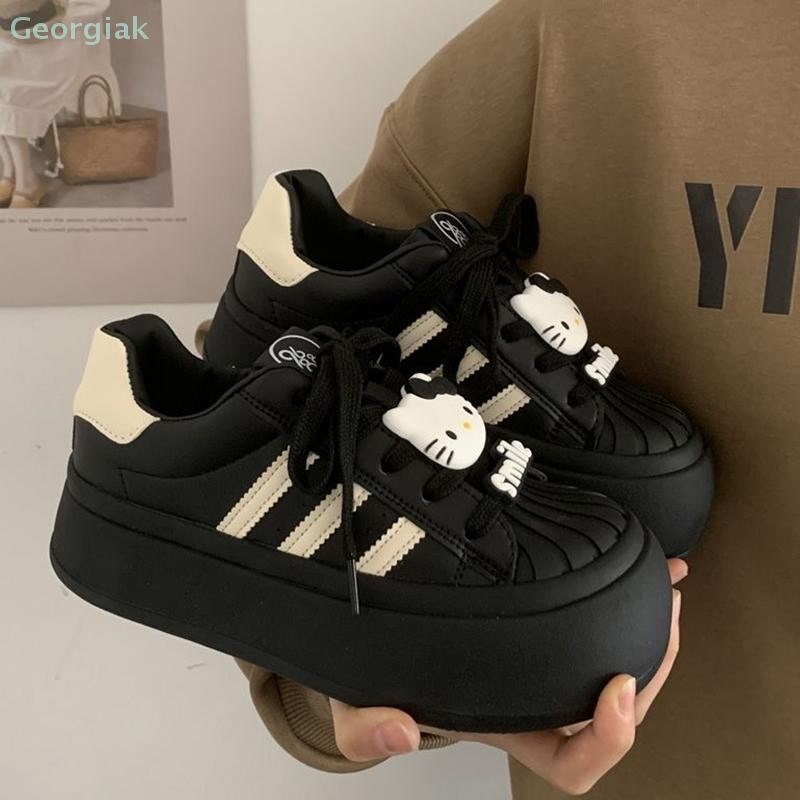 Geor Shell Toe น่ารักหัวใหญ่รองเท้า Kawaii สาว Lolita รองเท้าอเนกประสงค์ Y2k หนาด้านล่างสีขาวรองเท้ารองเท้าผ้าใบรองเท้าสเก็ตบอร์ด GG