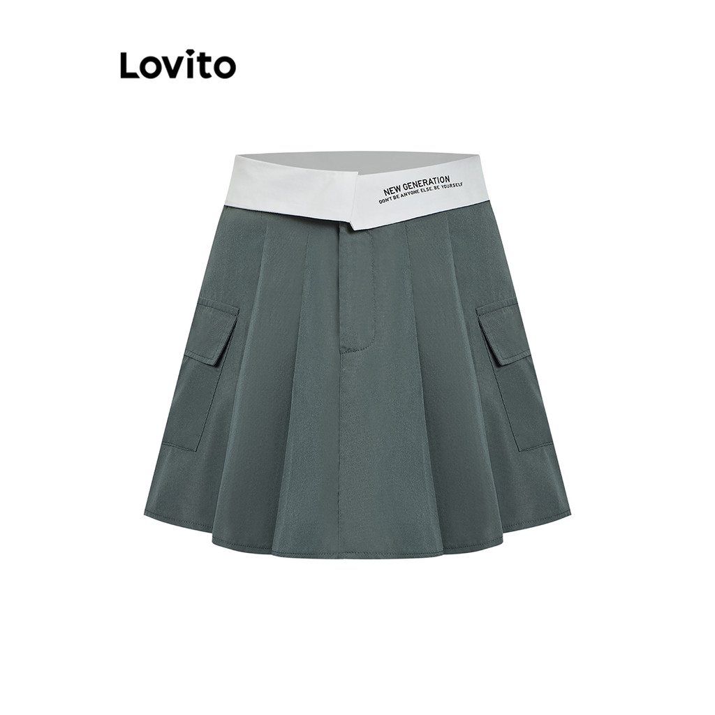 Lovito กระโปรงหัวเข็มขัด บล็อกสี ธรรมดาสำหรับผู้หญิง L101AD277