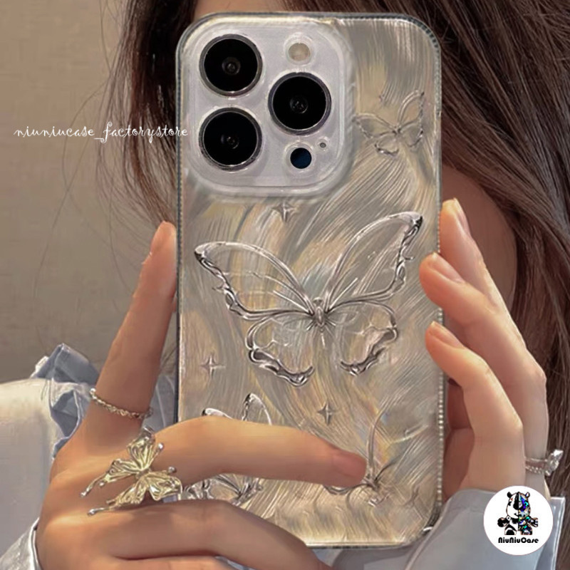 OPPO A57 Hollow Butterfly เคส เลเซอร์โฮโลแกรมหรูหราขนสีเงินOPPO A58 A38 A1K A17 A7 A16K A15 A5 A9 A31 A8 A98 RENO5 6 10