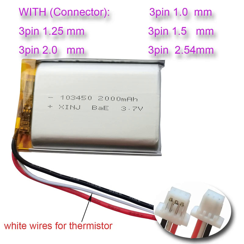 3.7V 2000mAh 7.4Wh Rechargeable 3 Wire Thermistor Li Polymer Lipo Battery 103450 JST 3pin 1.0 1.25mm