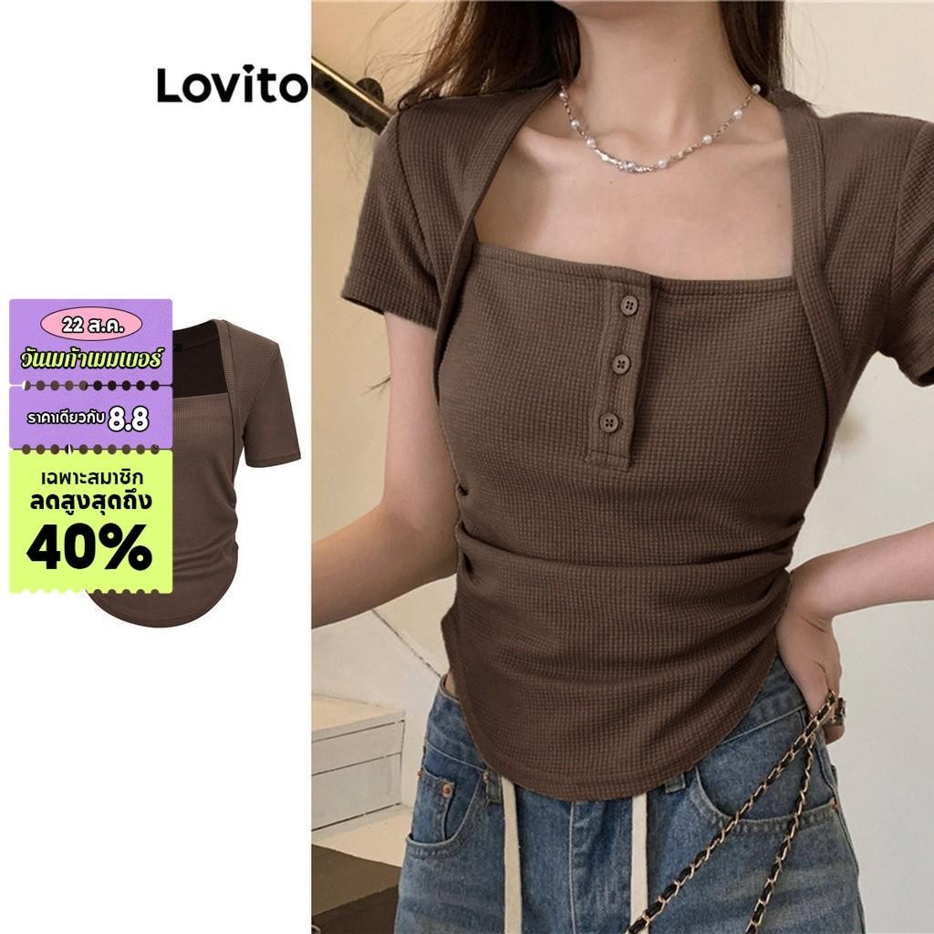 Lovito เสื้อยืด ผ้ามีเทกเจอร์ คอเหลี่ยม จับจีบ สีพื้น สไตล์ลำลอง สำหรับผู้หญิง L58AD014 (สีน้ำตาล)