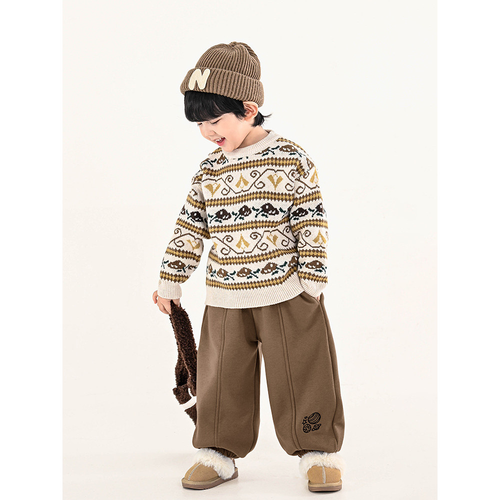 เสื้อสเวตเตอร์สำหรับเด็กผู้ชายเสื้อสเวตเตอร์ jacquard สไตล์เกาหลีสำหรับเด็กฤดูใบไม้ร่วงและฤดูหนาวเสื้อตัวในฤดูหนาวหนาพิเศษสำหรับเด็กขนาดเล็กและขนาดกลาง