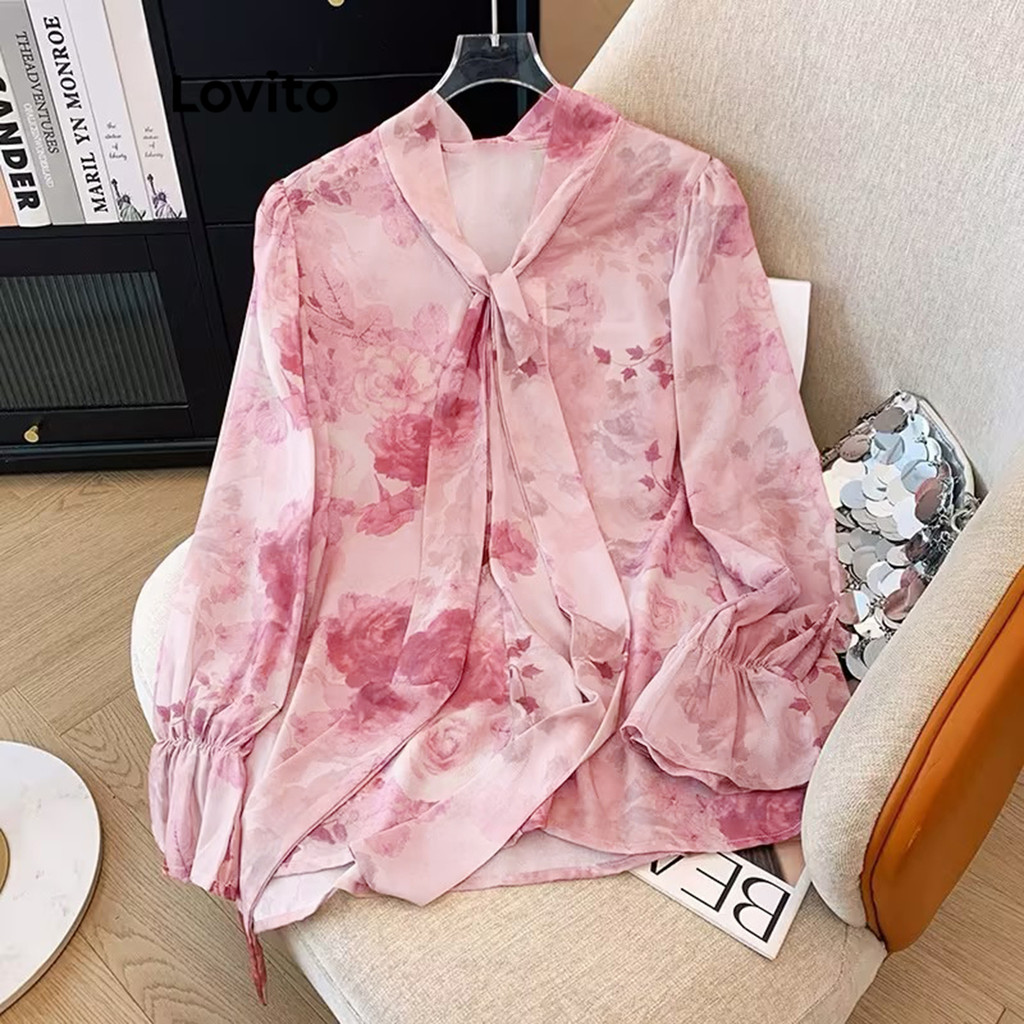 Lovito เสื้อเบลาส์ลายดอกไม้ผูกด้านหน้าสำหรับผู้หญิง L106AD186