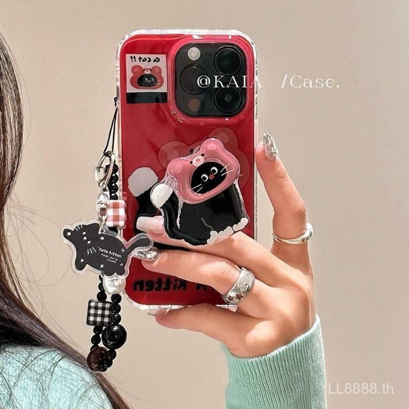 เคสมือถือสำหรับ iPhone สีแดงลายแมวสีดำ16Promax/15/14รุ่นหญิง13/12/11pro น่ารัก xsmax/XR กันกระแทก7/8PLUS เคสป้องกันแบบเต็มรูขนาดใหญ่ uqhh