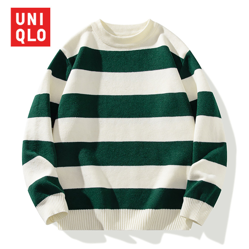 UNIQLO ยูนิโคล่ เสื้อกันหนาวผู้ชายฤดูใบไม้ร่วง/ฤดูหนาวใหม่หนาสีทึบหลวมรอบคอเสื้อกันหนาวผู้ชายและผู้หญิงวรรคเดียวกันสบายๆลายท็อปส์