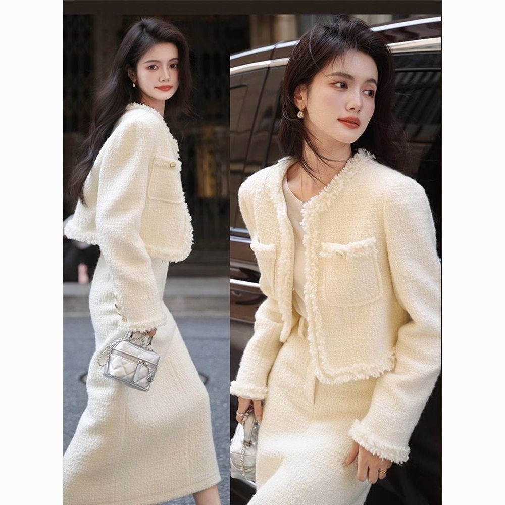 Fujia Daughter Miss Temperament Xiaoxiang สไตล์ชุดสูทสองชิ้นกระโปรงผู้หญิงฤดูใบไม้ร่วงฤดูหนาวรอบคอแขนยาวเสื้อแจ็คเก็ตสั้น High-En