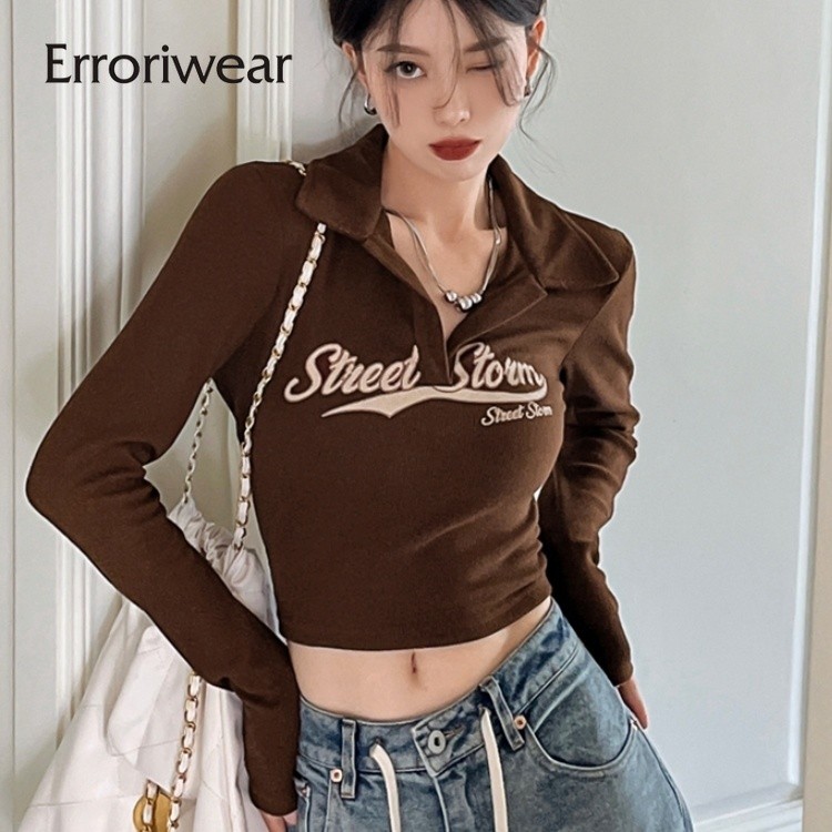 ข้อผิดพลาด ผู้หญิงเสื้อโปโลแฟชั่นตัวอักษรพิมพ์เปิดลงปกแขนยาวสลิมฟิตท็อปส์