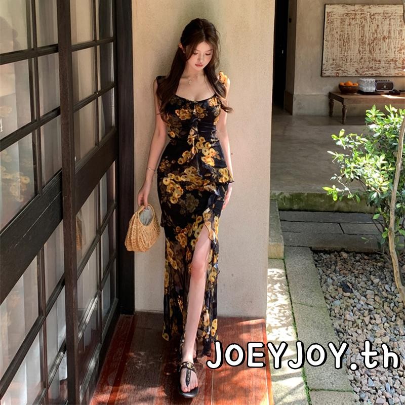 Joeyjoy-ชุดเดรสยาวแขนกุดคอกว้างแขนกุดทรงเข้ารูปผ่าชายกระโปรงสำหรับผู้หญิง