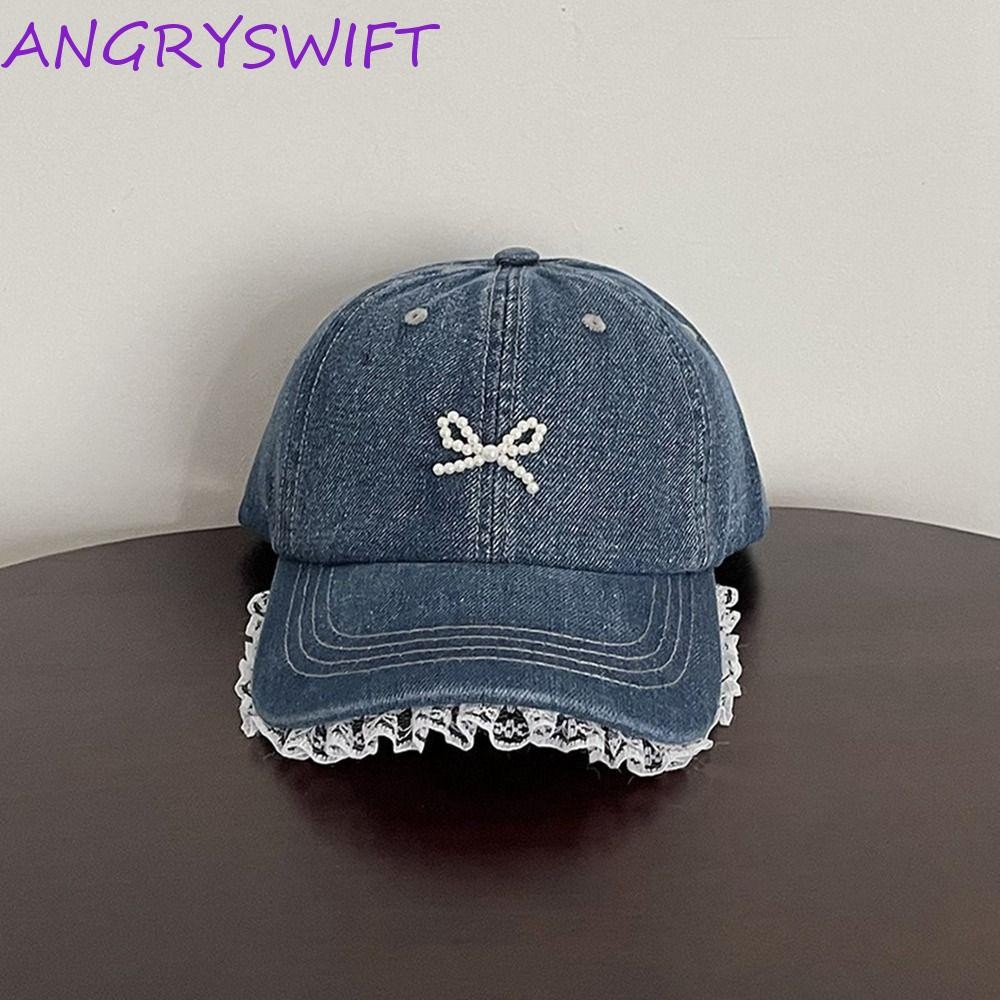 หมวกเบสบอล ANGRYSWIFT Bow, หมวกเบสบอล Denim Blue Bowknot Bowknot, หมวกกันแดดกันแดดลูกไม้เรียบง่ายหมวกแหลมกลางแจ้ง