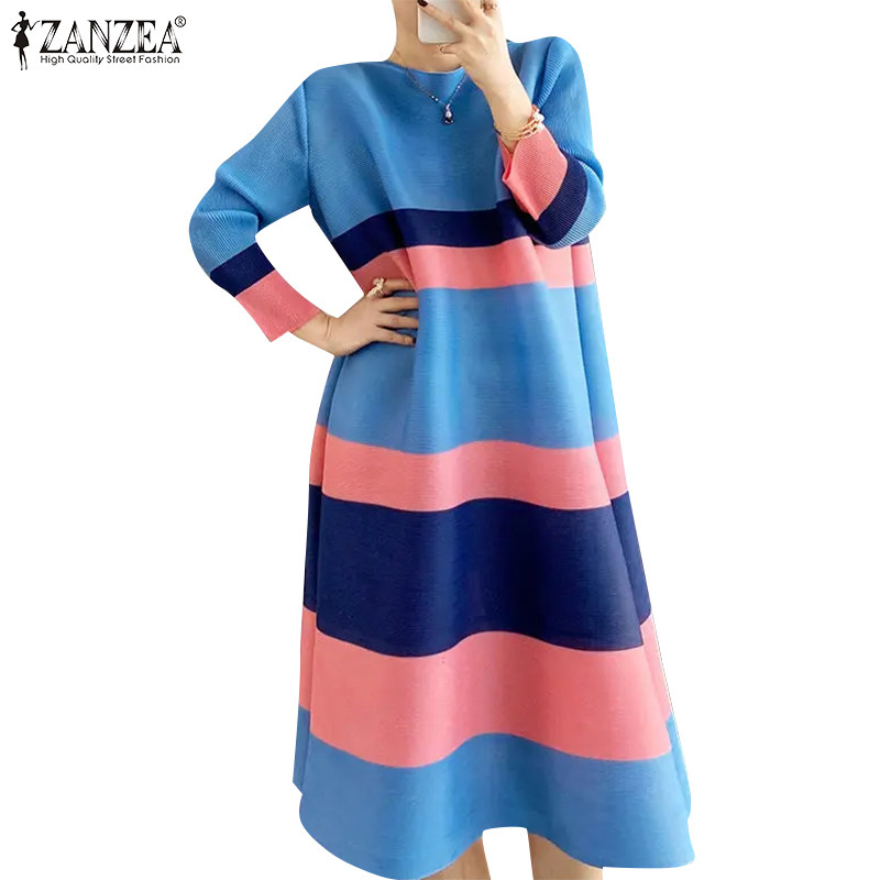 Zanzea ชุดเดรสยาวคอกลมแขนยาวลําลองสไตล์เกาหลีสําหรับผู้หญิง