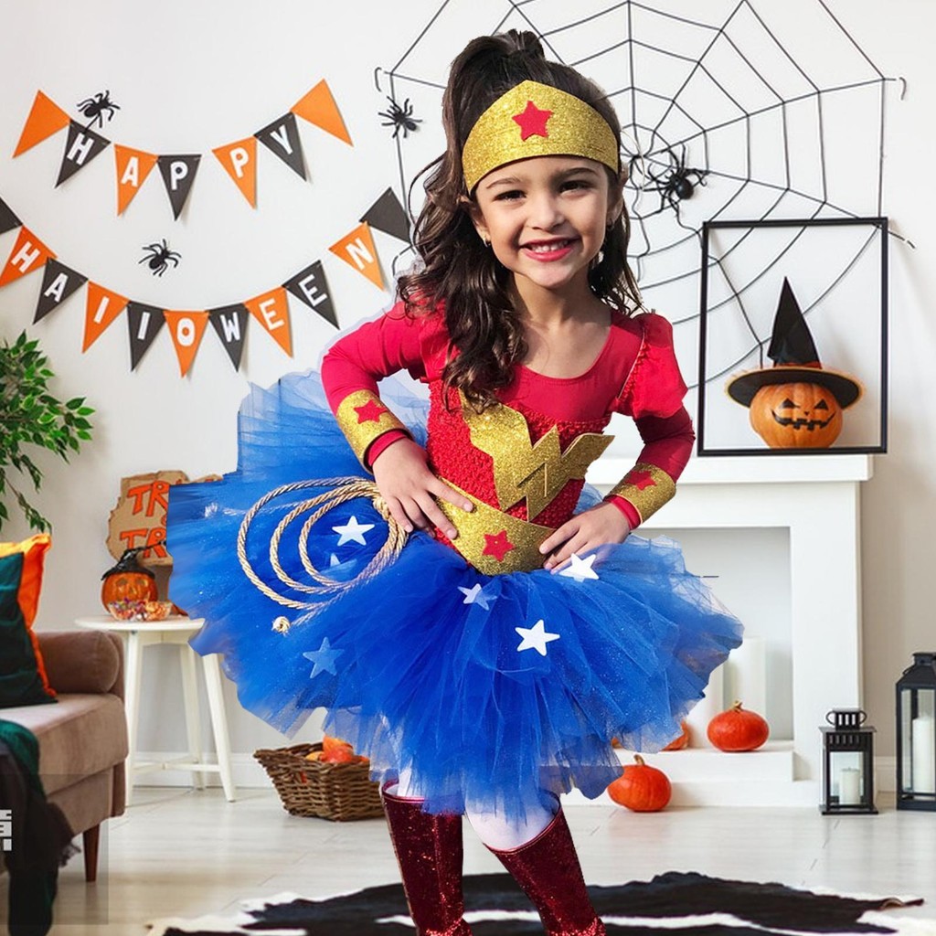 Wonder Girl เครื่องแต่งกายเด็กฮาโลวีนปีใหม่คอสเพลย์ชุด 2-12 ชุดงานเลี้ยงวันเกิดเด็ก Wonder Girl Tutu ชุดชุดแฟนซี mearnth