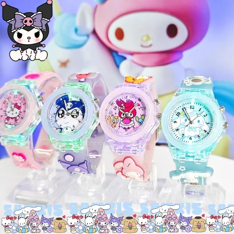Sanrio Kuromi ไฟ Led นาฬิกาสําหรับเด็กสาว Jelly สายซิลิโคนอ่อนนุ่ม Cinnamoroll /Melody/ยูนิคอร์น/Hello Kitty นาฬิกาสําหรับทารกของฉันพร้อมกล่องของขวัญเรืองแสงในเวลากลางคืนนาฬิกาสําหรับของขวัญนักเรียน
