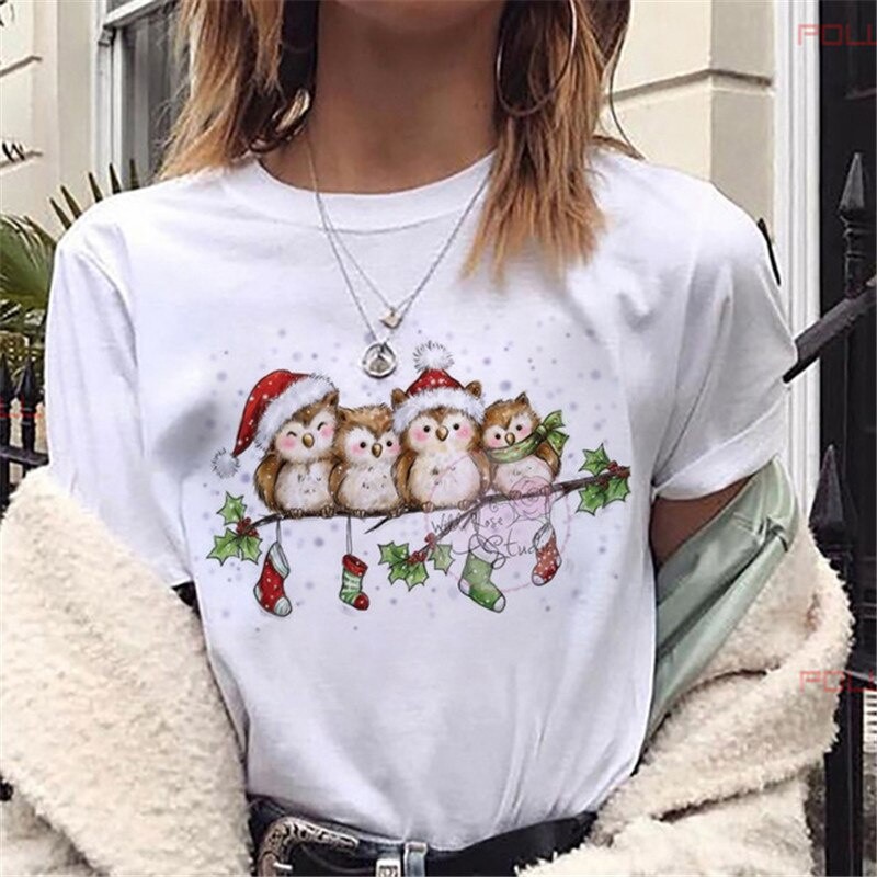 Kawaii Merry Christmas Owls Women T-Shirts White Short Sleeve Tops Printing Gothic Clothes 3XL Plus 