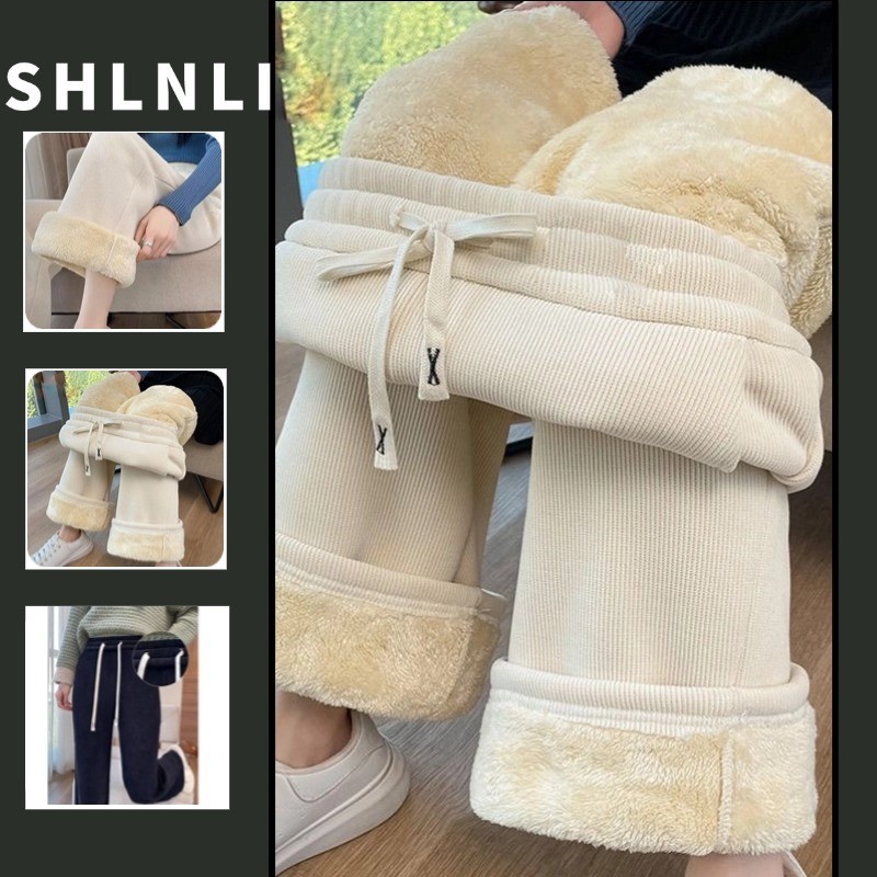 กางเกงขากว้างผ้าลูกฟูกกํามะหยี่เนื้อแกะหนาสําหรับผู้หญิงฤดูใบไม้ร่วงฤดูหนาว