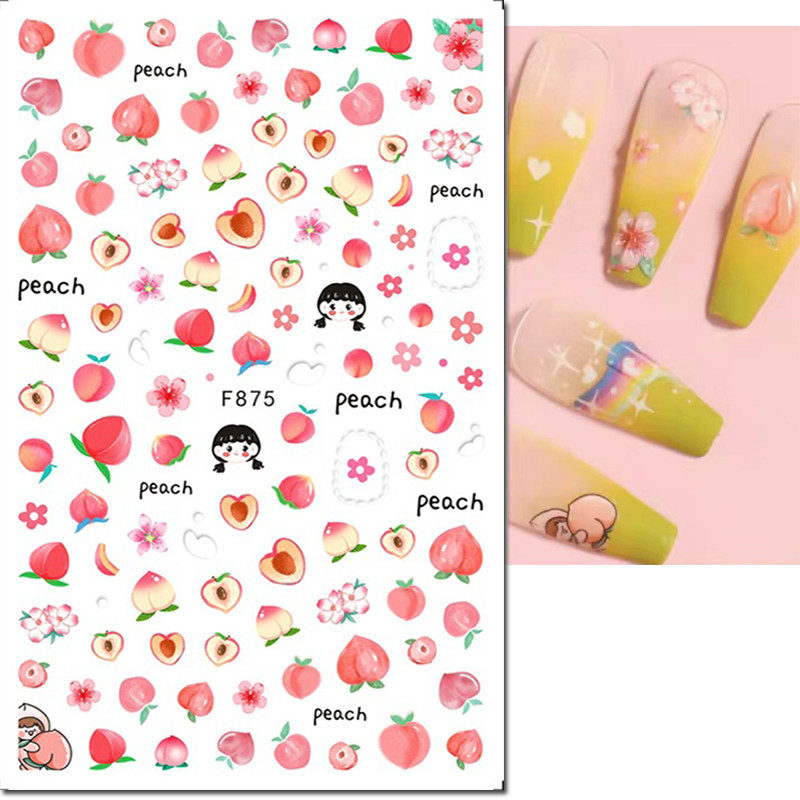 ผลไม้ฤดูร้อนสีเหลือง Peaches ดอกไม้สีชมพูตัวเลื่อนกาวสติกเกอร์เล็บตกแต่งสําหรับเล็บ